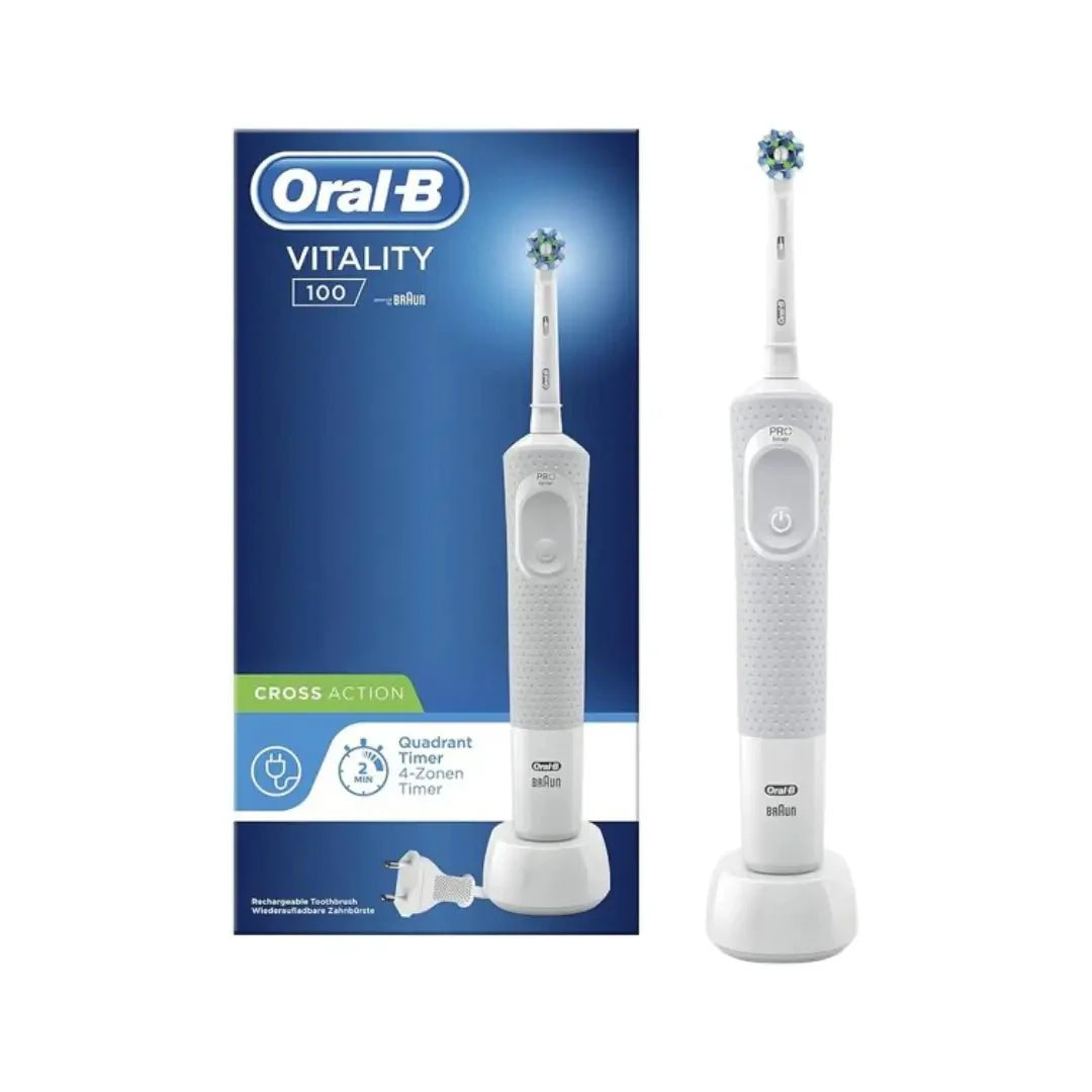 Braun Oral B 100 Vitality 3D White Cross Action فرشاة أسنان كهربائية قابلة لإعادة الشحن لون أبيض D100.413.1