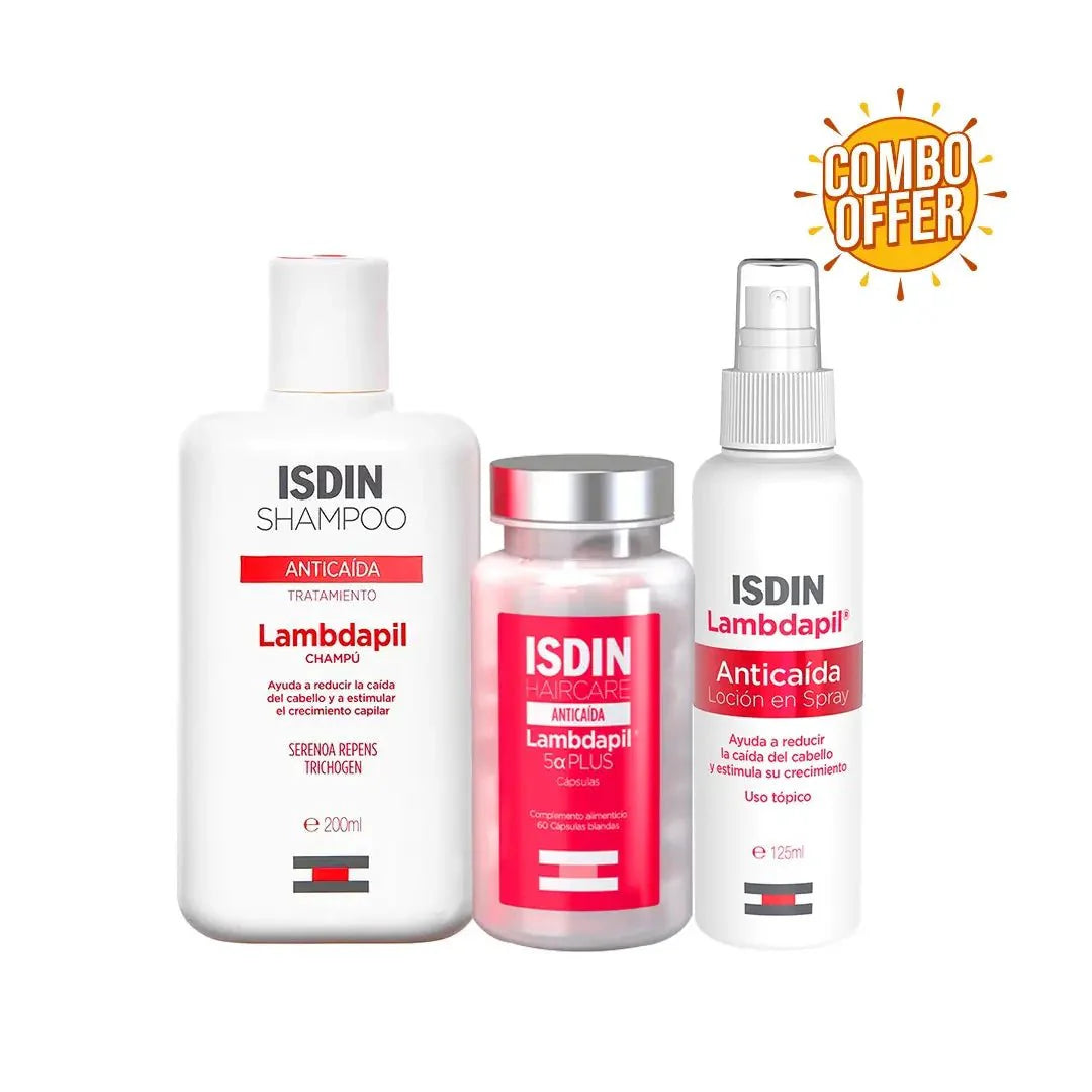 Super Combo Offer: Isdin Lambdapil Anti Hair Loss Treatment Shampoo 200ml + Isdin Haircare Lambdapil 5 Alfa Plus Cap 60s + Isdin Lambdapil Anti Hair Loss Lotion Spray 125ML